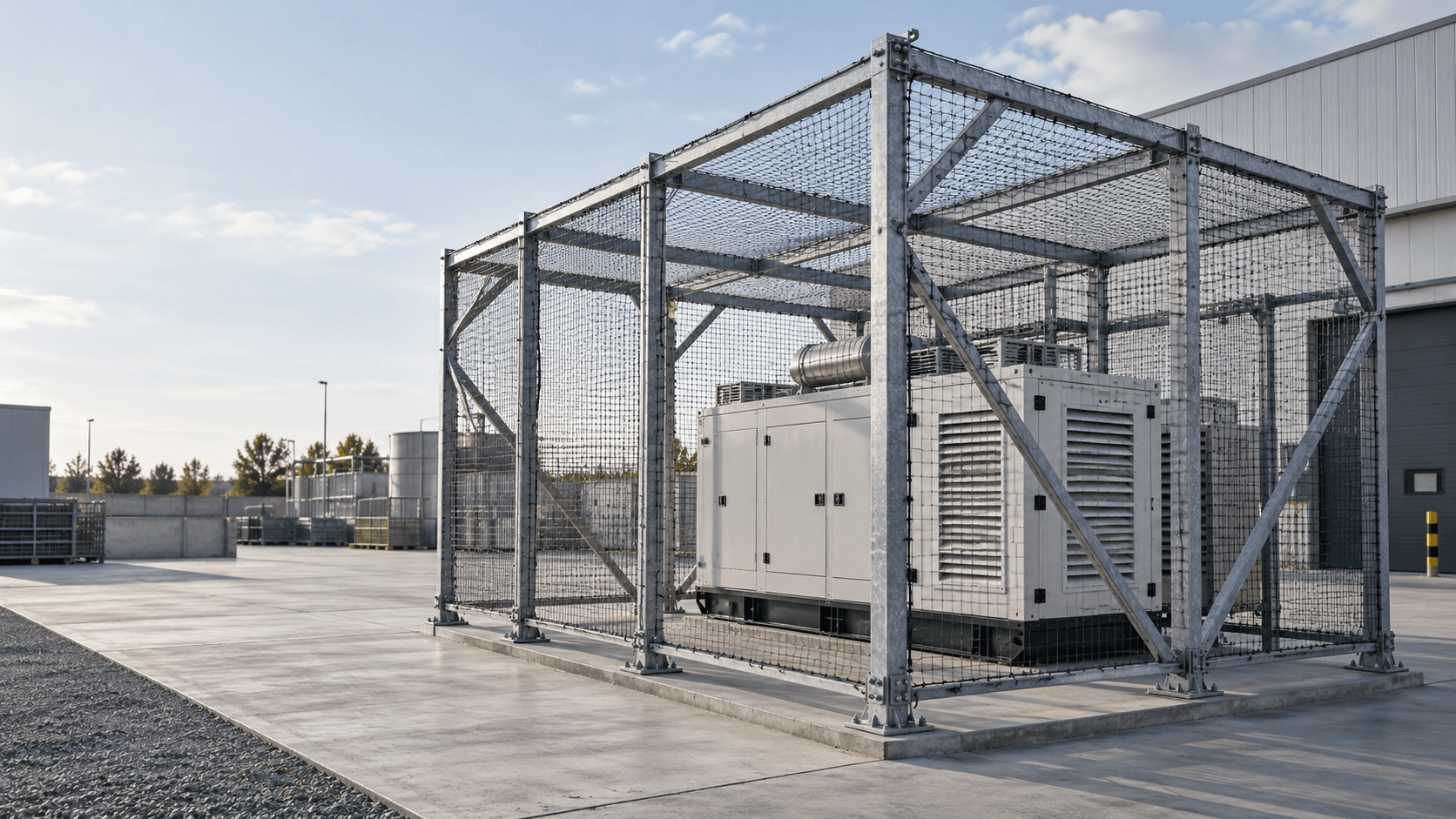 Protective steel structure with anti-drone netting around industrial equipment