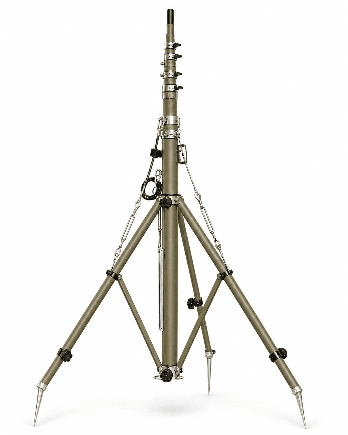 Portable telescopic field antenna mast on a tripod ground support