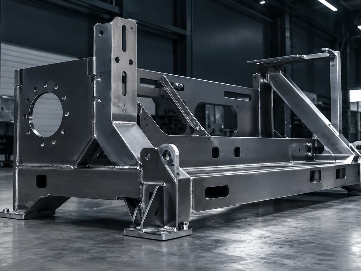 Illustrative custom welded machinery frame with machined mounting features