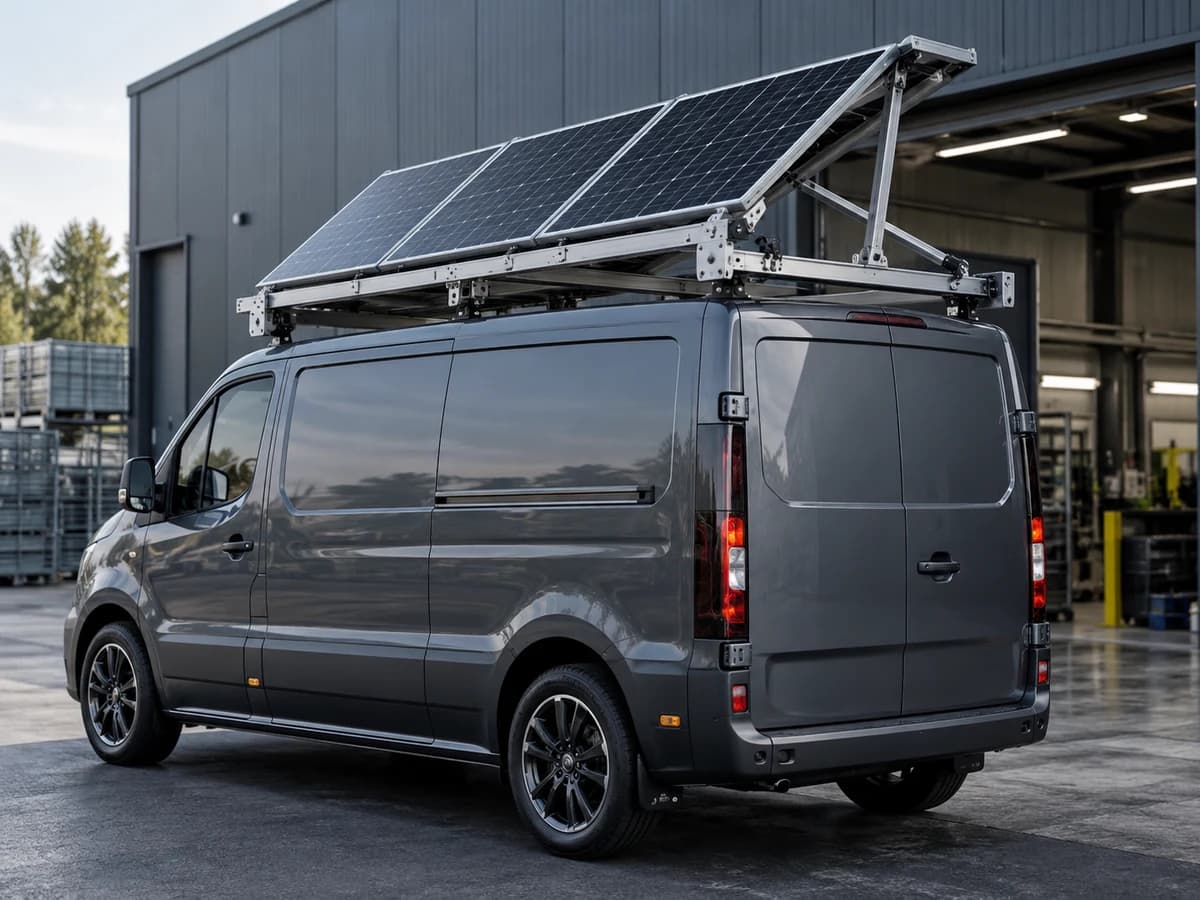 Illustrative custom rooftop solar-panel support structure on a commercial van