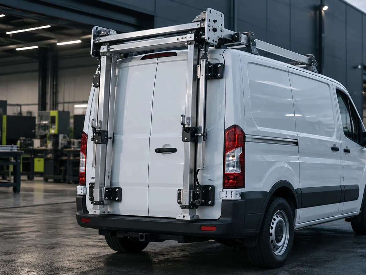 Illustrative custom metal equipment mounting frame on a commercial vehicle