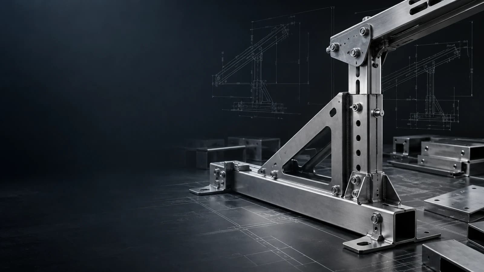 Custom engineered metal assembly shown with technical drawing details