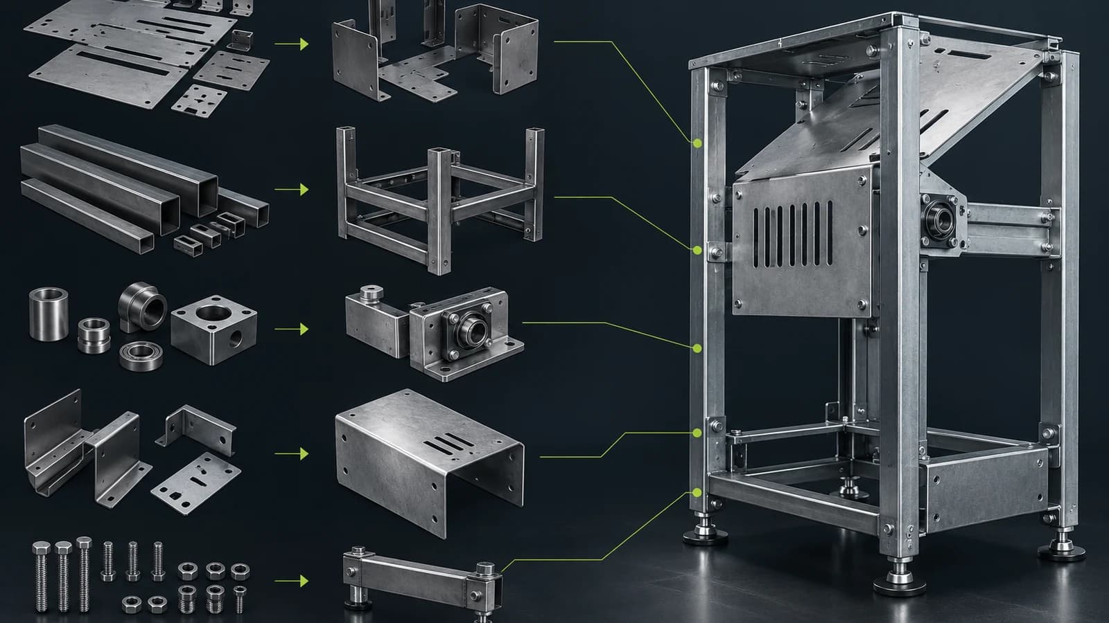 Illustration of a metal assembly combining sheet fabrication, machining and fasteners
