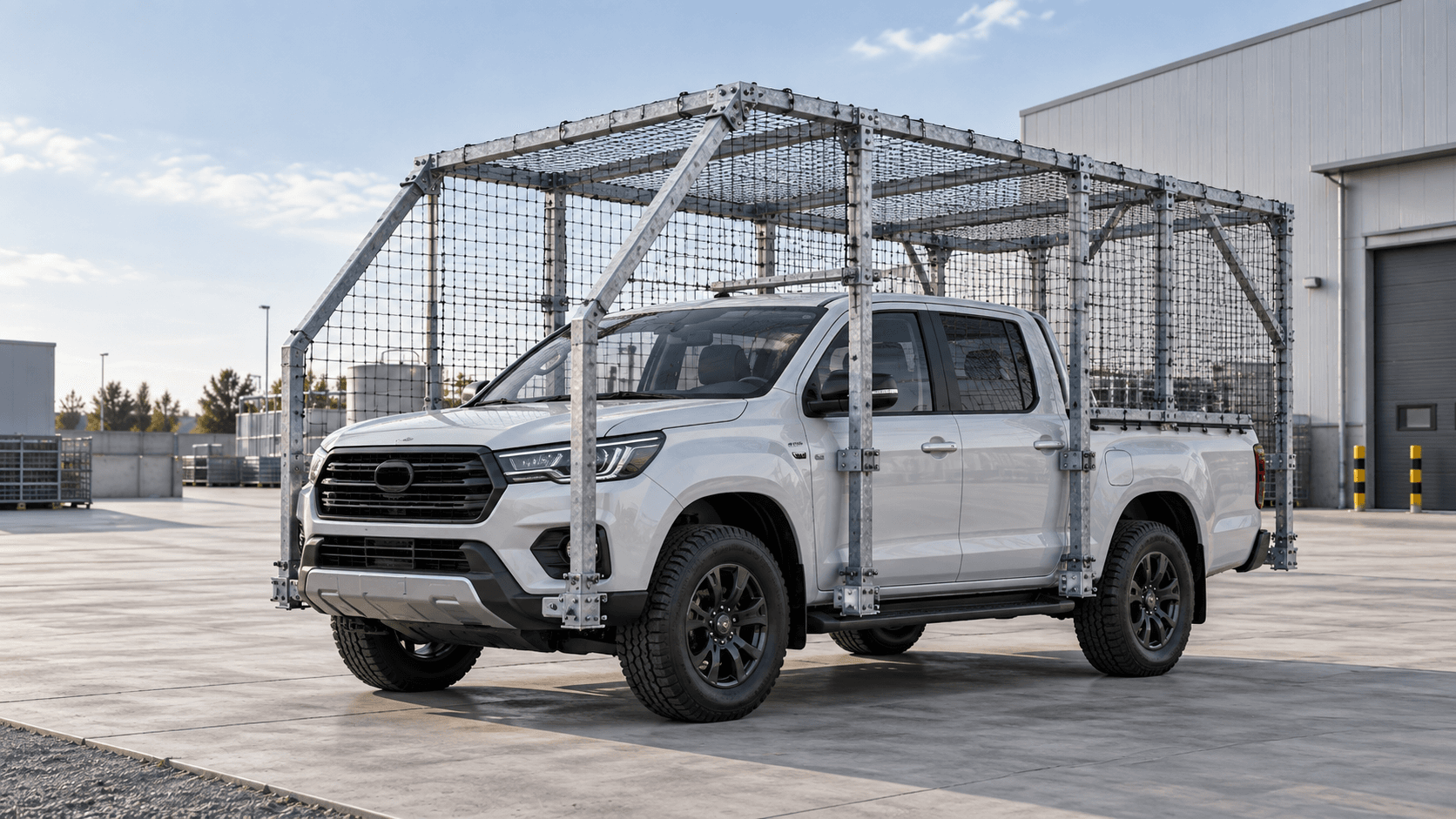 Custom anti-drone steel protection frame with netting for a pickup truck