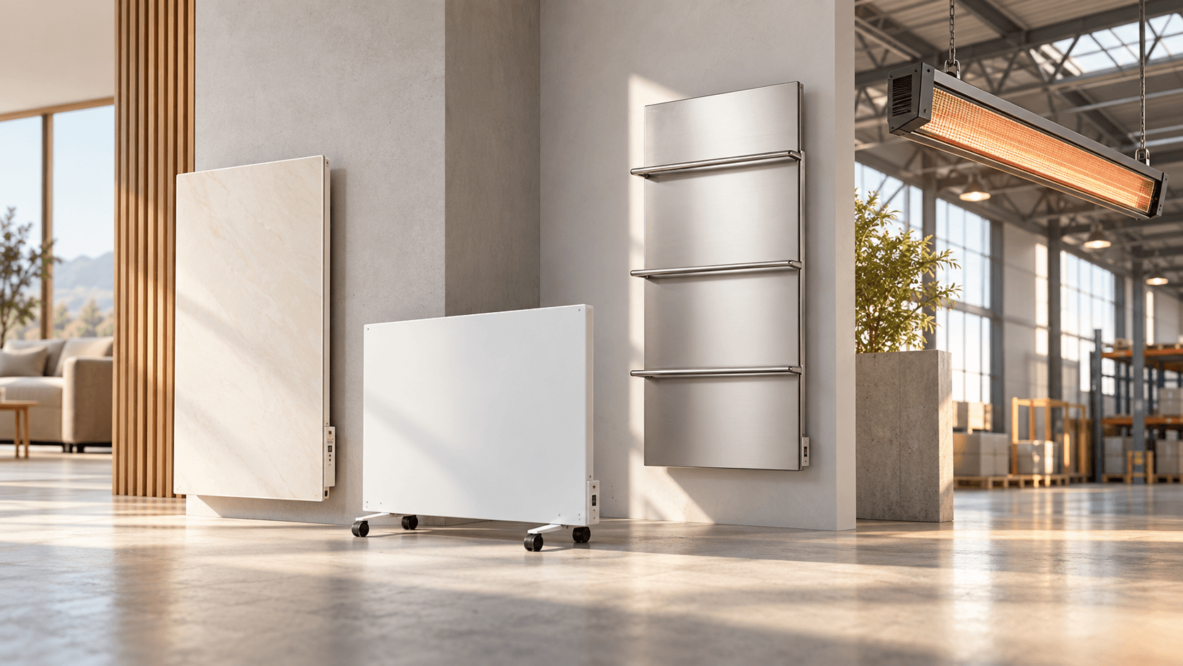 A family of electric heating products including a ceramic panel heater, a metal panel heater, a heated towel rail, and an industrial infrared heater.
