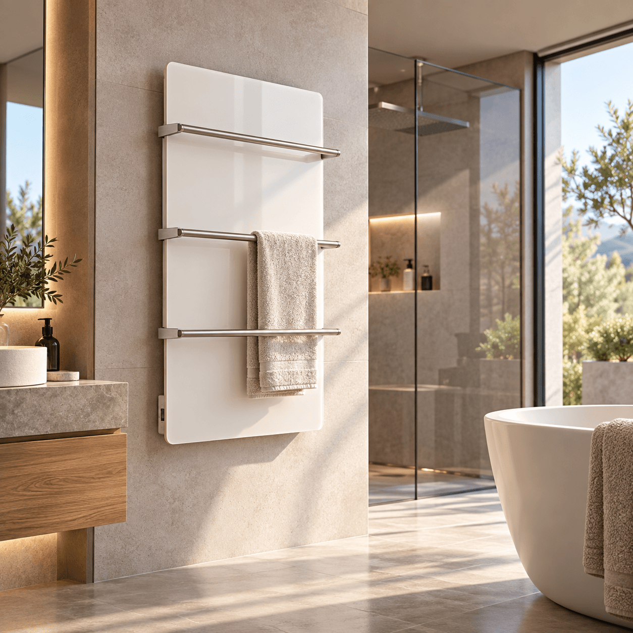 Electric heated towel rail combining a flat heating panel with horizontal towel bars in a modern bathroom.