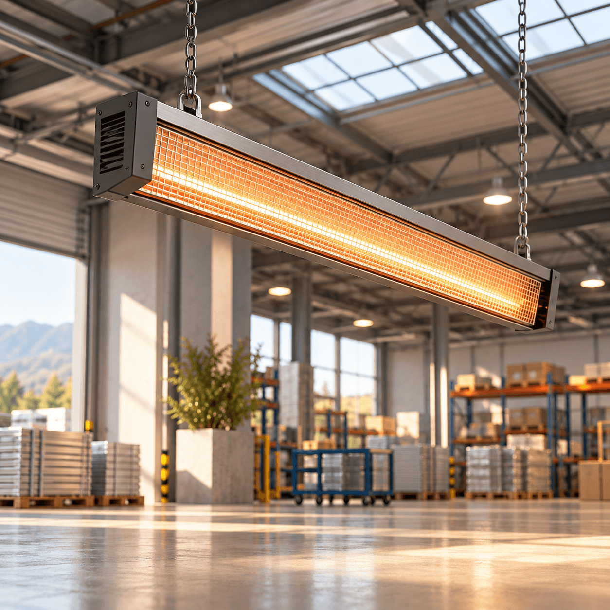 Suspended industrial infrared heater with a glowing heating element in a warehouse-style setting.