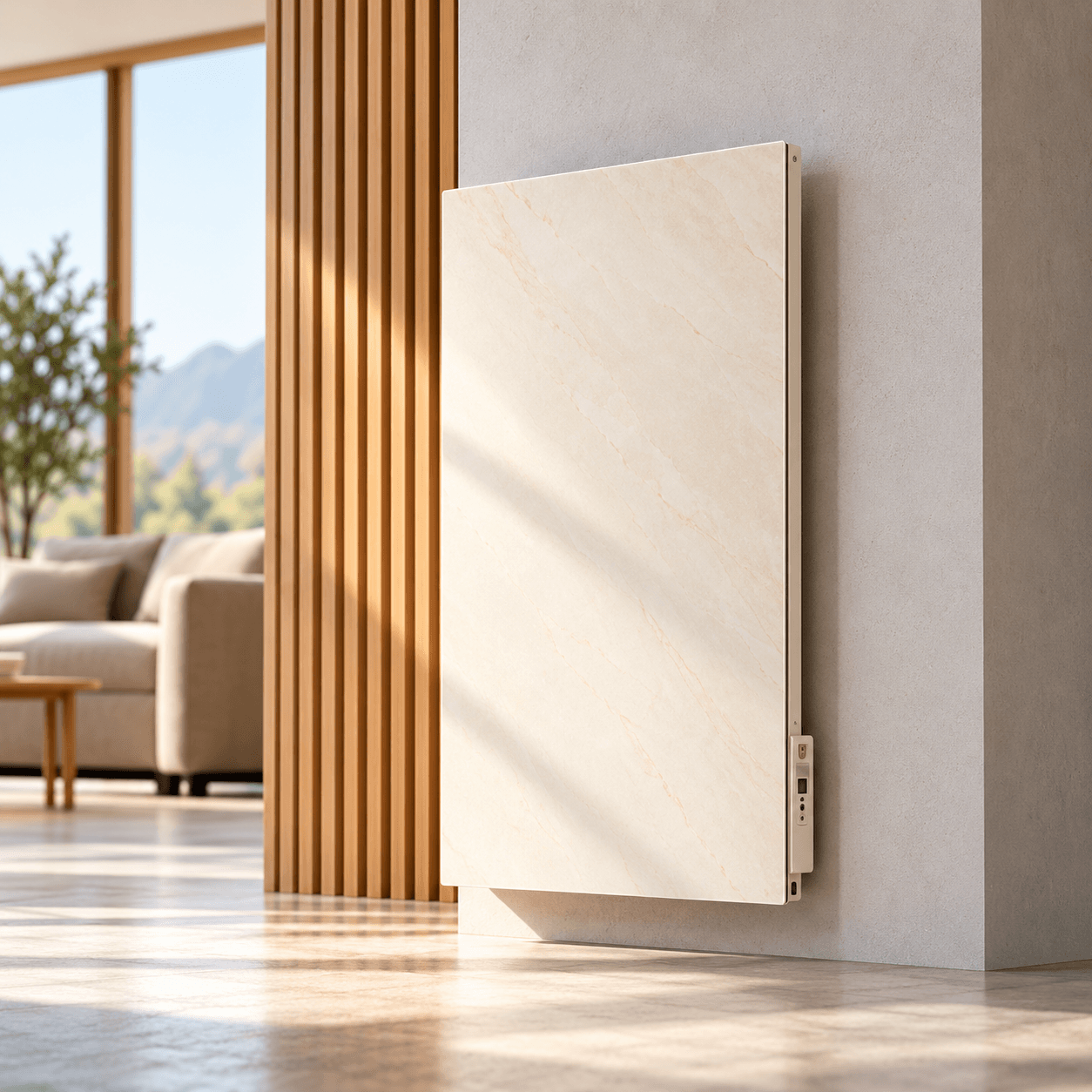 Ceramic infrared heating panel with a light stone-like front surface in a modern interior.