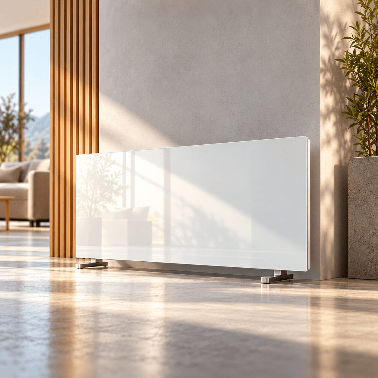 Glass-front electric heating panel with a glossy surface in a premium interior.