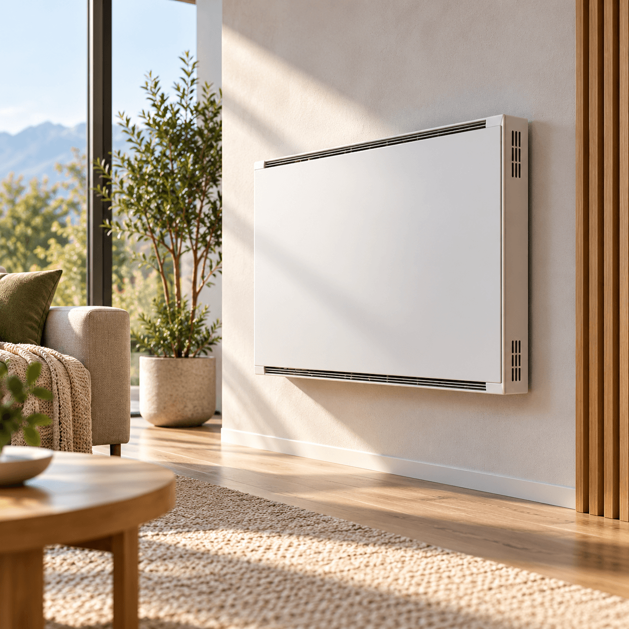Hybrid infrared and convection heater with a deeper body and integrated ventilation openings.