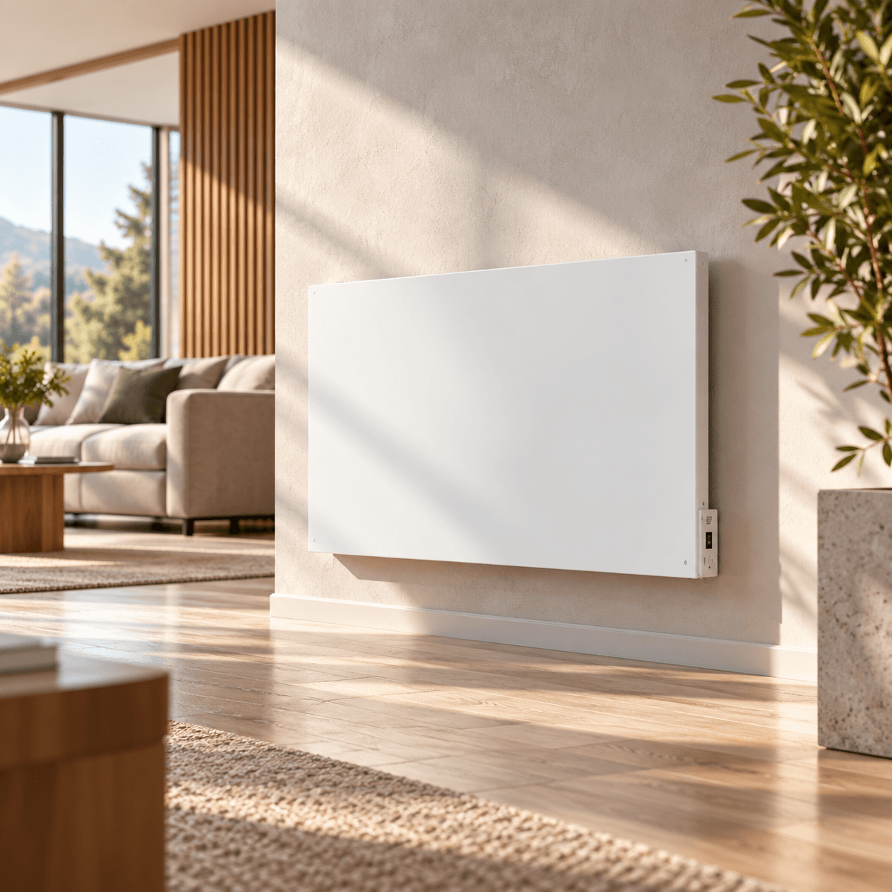 Slim metal infrared heating panel in a clean residential interior.